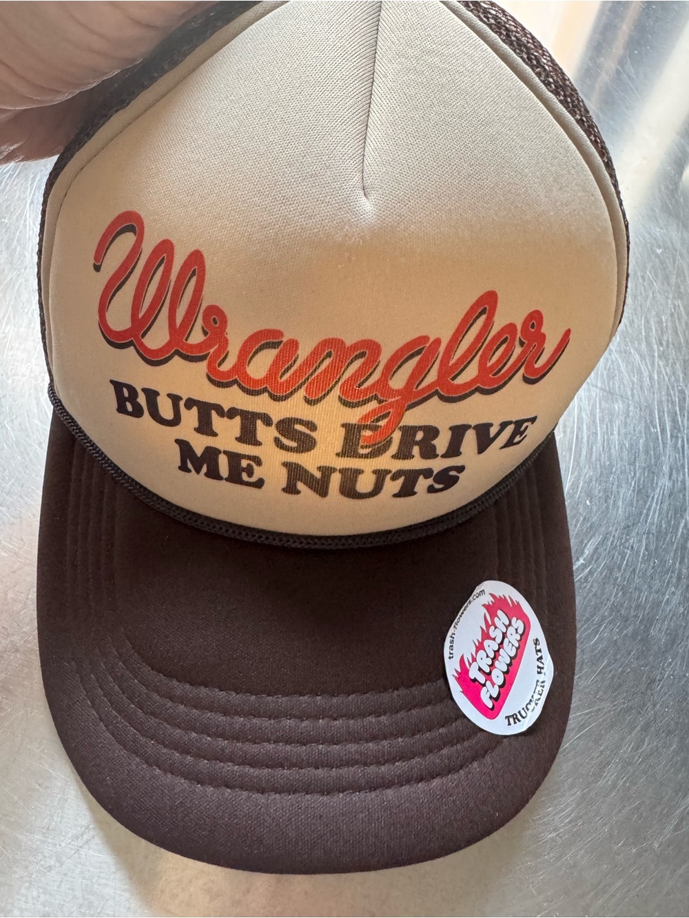 Wrangler Beige and Brown Trucker Hat. Wrangler Butts. Trash Flowers.